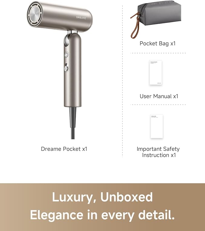 DREAME Pocket Pure High-Speed Hair Dryer, Lightweight Foldable Blow Dryer with 110,000 RPM Motor, Ionic Care, 5 Modes, Travel Bag, Quiet Fast Drying for Frizz-Free Hair