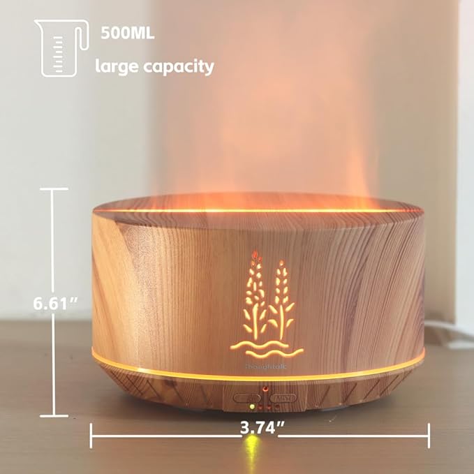 Ultrasonic Essential Oil Diffuser, 500ml Aroma Air Diffuser for Home Bedroom Large Room, 32H Cool Mist Oil Diffuser, 7 Colors Fire Night Light & Flame Wood Grain Aromatherapy Diffusers for Office