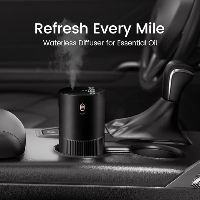 Waterless Diffuser for Essential Oil, Car Diffsuer, Aluminum Alloy & Fabric, 0.33 Fl Oz/ 10mL, Waterless Diffusers, Scent Diffuser with Timer & 4 Mist Levels for Home, Room, Car, Office - Black