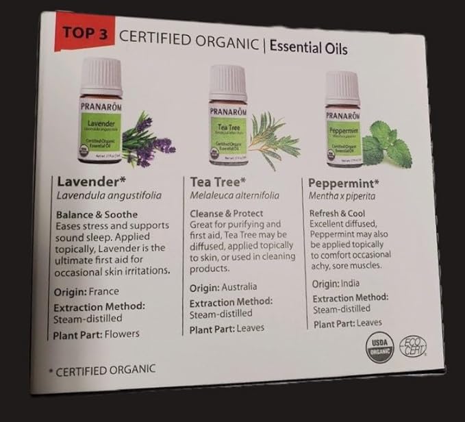 Pranarom - Top 3 Essential Oil Kit (3-Pack of 5ml) - Lavender, Tea Tree, and Peppermint Essential Oils - 100% Pure Essential Oil | USDA and ECOCERT Certified Organic