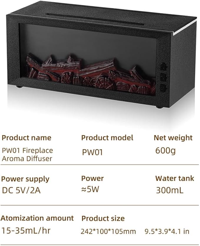 Fireplace Flame Diffuser & Humidifier with 2 Essential Oils – 4-in-1 Ultrasonic Aroma Mist Maker with Remote, 7-Color LED Flame Light, Auto Shut-Off, Quiet & Safe for Home, Bedroom, Office (Black)