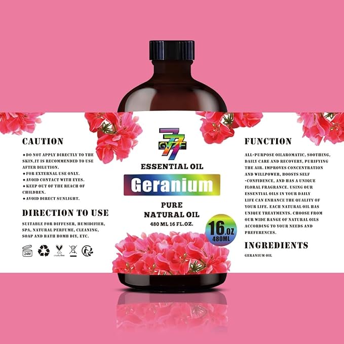 Geranium Essential Oil - GV77ZF Geranium Oils for Diffusers, Humidifiers, DIY Candles, Soap, Cleaning, Home, Office, Yoga, Massage, Gifts - 16 fl oz (480 ml)