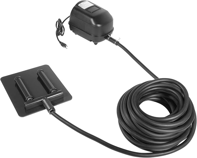 Complete Pond Aeration Kit, Water Garden Oxygenation Bubbler System Adds Oxygen to Koi & Fish Ponds, Outdoor Diaphragm Compressor Pump, Air Line & 2 Submersible Diffuser Sticks
