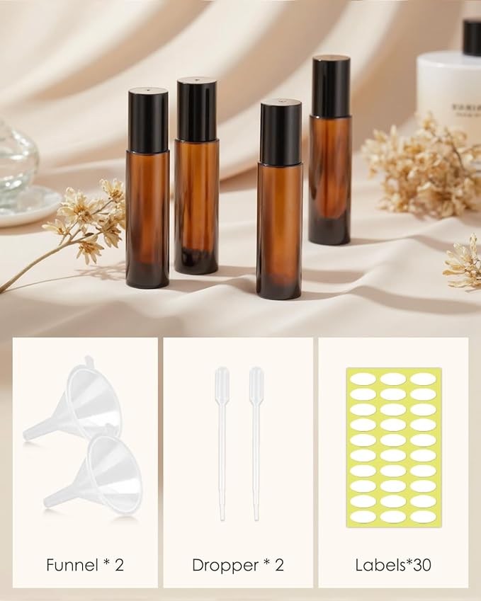 Worldgsb 12 Pack Essential Oil Roller Bottles, 10ml Refillable Amber Glass Roller Bottles with Stainless Steel Roller Balls and Caps for Travel, Perfume and Lip Gloss