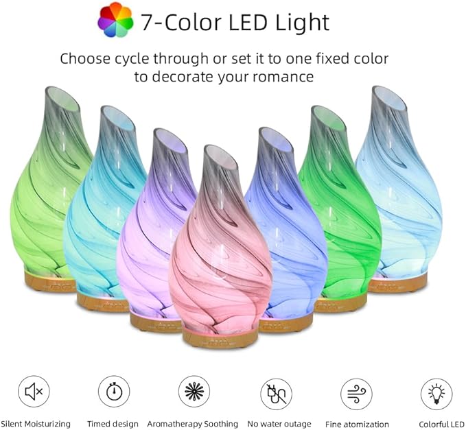 Glass Essential Oil Diffuser with 3 Aromatherapy Oils,200ml Small Humidifier with Timer,7 LED Color Lights,Waterless Auto Shut-Off for Office Home Room Decor Gifts for Women