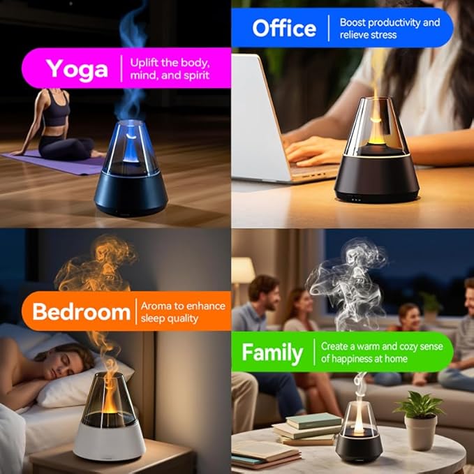 Air Diffuser ,Flame Aroma Diffuser, 120ml Flame Humidifier, Essential Oil Aromatherapy Diffuser with 7-Color Changing LED Lights, Waterless Auto Shut-Off, Ideal for Home, Office, Bedroom, Yoga(White)