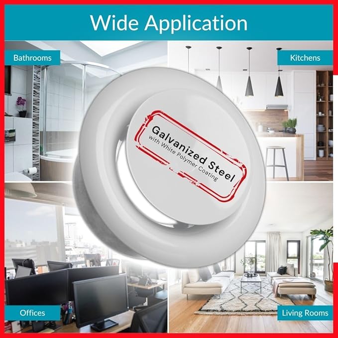 4 inch White Metal Diffuser - Adjustable Vent for Wall - Ceiling Duct Cover - Supply Air Valve - Round Ventilation Covers for Bathroom Kitchen Garage