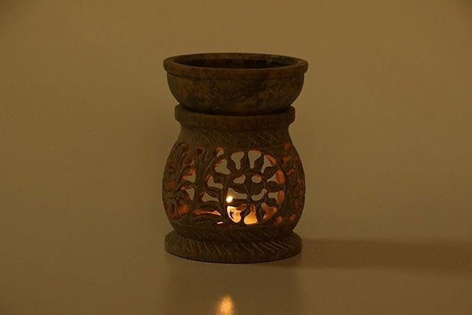 Marble Soapstone Candle Aroma Burner | Oil Diffuser | Tea Light Holder | Wax Burner- Handmade Flower Carving for Gifting & Decoration | Decorative Home and Office Decor.