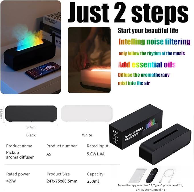 Essential Oil Diffuser, Flame Essential Oil Diffuser Humidifier, Music Sync Colorful Flame Diffuser, Timer & Waterless Auto Off 250ml Humidifier with 7 Colors Light for Home (Black)