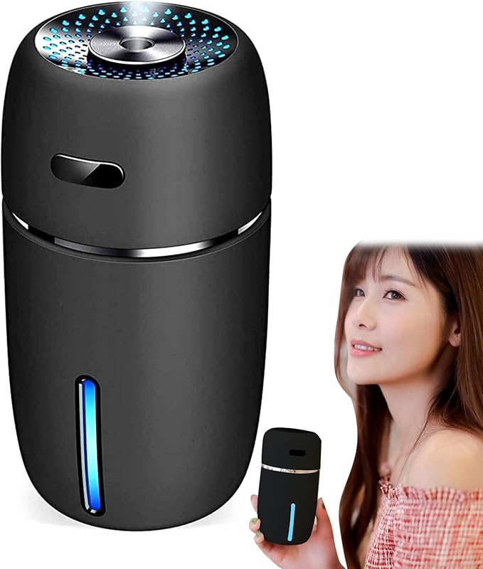 Car Humidifier, 200ml Round Mini Air Diffuser, Low Noise Warm Car Diffuser with Light, USB 2 Gear Air Freshener for Home Office Bedroom (Black)