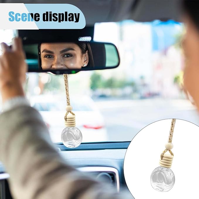 5PCS Hanging Car Rear View Mirror Charm - 8ml Empty Glass Bottle Pendant Automobile Interior Decoration for Rearview Mirror Ornament (Flat Round)