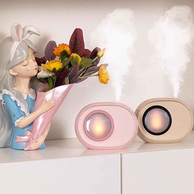 Humidifier for Bedroom, 400ml Desktop Fog Humidifiers, Essential Oil Diffuser with Dynamic Candlelight Flame Lamp, Suitable for Home, Travel & Plant Intelligent Anti Dry Burning Humidifier (Beige)