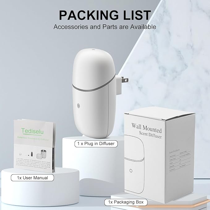 Essential Oil Diffuser for Home, Cold Waterless Diffuser with Low/High Switch, Plug in Diffuser with Night Light, Quiet Wall Aromatherapy Diffuser for Living Room, Bedroom, Bathroom, White