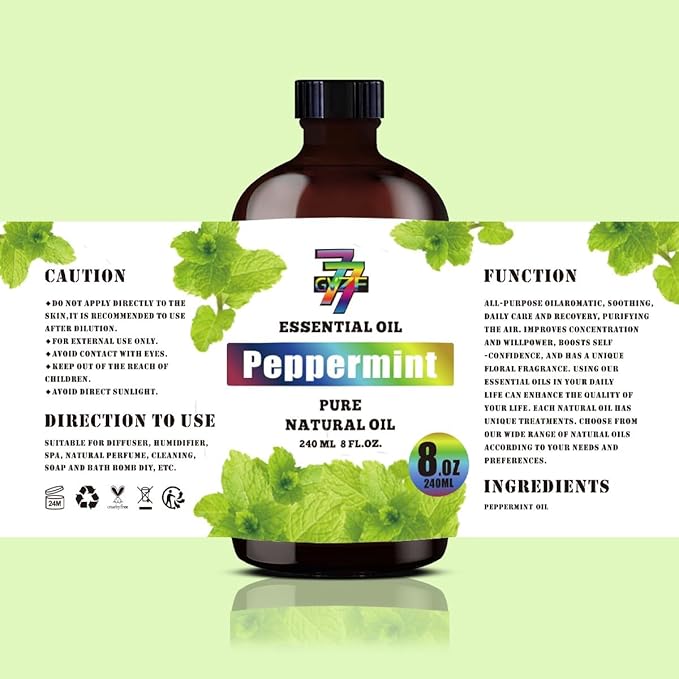 Peppermint Essential Oil - GV77ZF Peppermint Oils for Diffusers, Humidifiers, DIY Candles, Soap, Cleaning, Home, Office, Yoga, Massage, Gifts - 8 fl oz (240 ml)