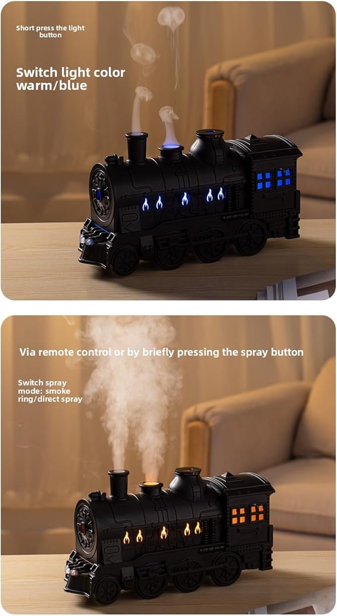 Heayzoki Train Humidifier 300ML Essential Oil Diffuser, Cool Mist Humidifier Dual Spray Modes with Night Light for Relaxation Home Decor Bedroom Desk (Black)