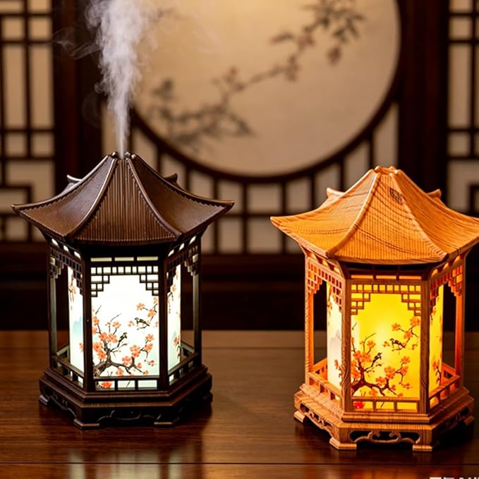 Zen Pavilion Lantern Essential Oil Diffuser & Night Light, 160ml Aroma Diffuser Dual Mist Modes, Zen Style Humidifier for Yoga, Meditation, Spa, Warm & White Light (A)