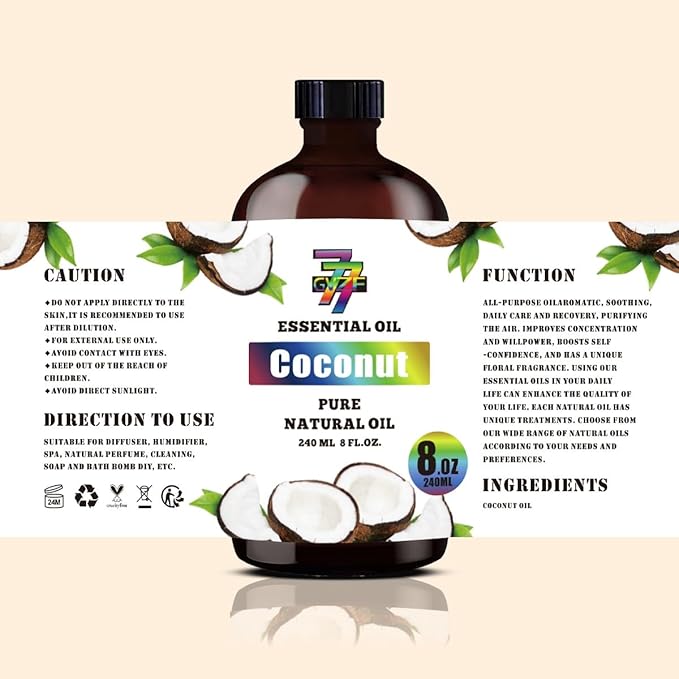 Coconut Essential Oil - GV77ZF Coconut Oils for Diffusers, Humidifiers, DIY Candles, Soap, Cleaning, Home, Office, Yoga, Massage, Gifts - 8 fl oz (240 ml)