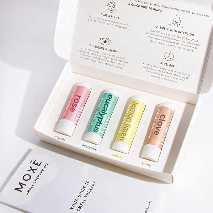 MOXĒ Smell Training Kit, Made in USA, 4 Essential Oils, Olfactory Regeneration, Helps Restore Sense of Smell, Natural Therapy for Smell Loss, Lemon, Rose, Clove, Eucalyptus, Guidebook, Personal Log
