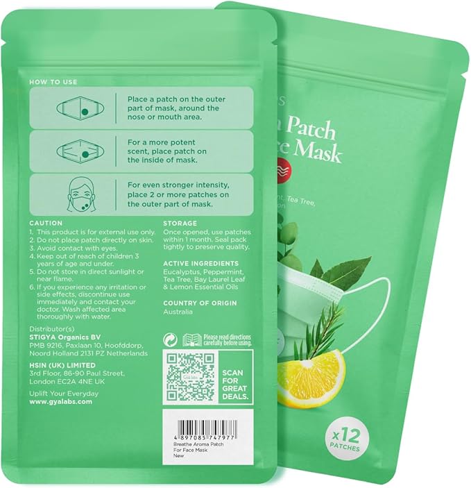 Gya Labs Breathe Aroma Patch - Essential Oil Scented Mask Stickers For Face Masks & Pillows, Infused With Refreshing & Fragrant Essential Oils (5 Packs, 60 Stickers)