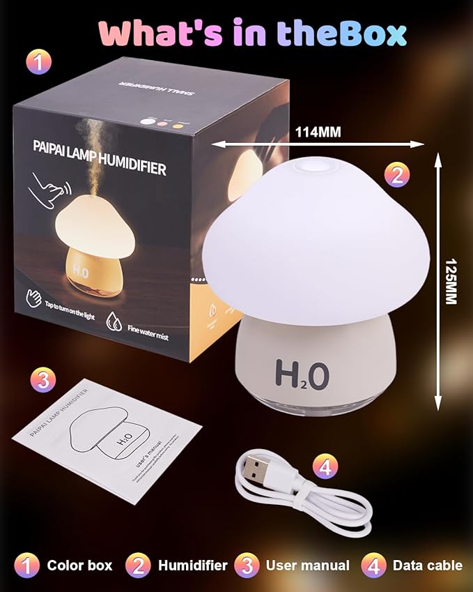 Mushroom Humidifier Lamp with 8 RGB Colors Lights,Cute Rechargeable Portable Humidifiers for Bedroom,Small Mushroom Diffuser with Two Spray Modes,Touch Night Light,Valentine's Day Gifts (White)