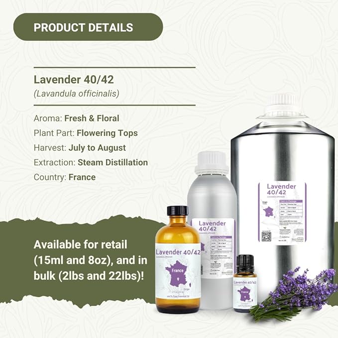 Lavender 40/42 Essential Oil Direct from France - Essential Oil for Candle Making and Soaps - Pure Lavender 40/42 Oil for Aromatherapy, Skincare, Haircare, Perfumes (15 mL)