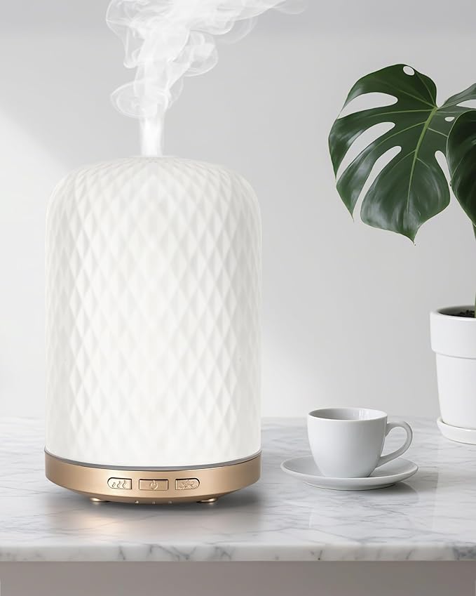 Onaboviva Essential Oil Diffuser - 2.4MHz Ultrasonic Ceramic Diffuser for Home, 120ml, Pulse&Continuous Mist, Bright/Dim/Breathing Lighting, Waterless Auto-Off, Aromatherapy Diffuser with USB Cable