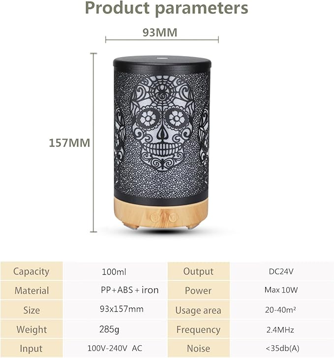 Skull Aromatherapy Diffuser, 100ML Essential Oil Diffuser Cool Mist Humidifier, with Remote Control Waterless Auto Off, for Bedroom, Office, Living Room (Wooden)