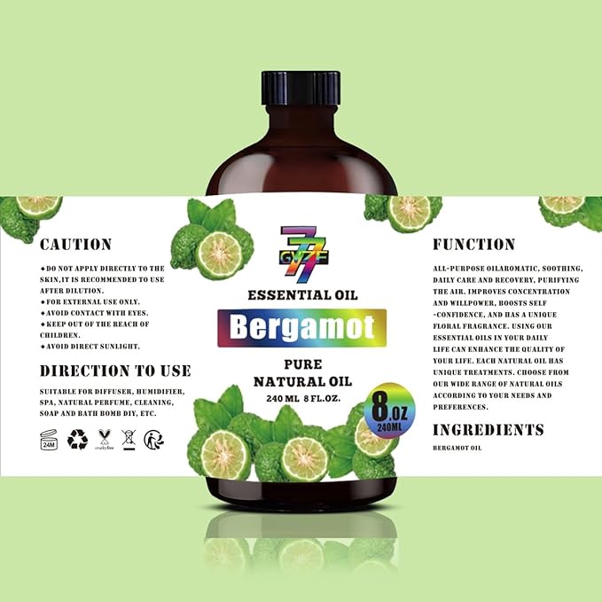 Bergamot Essential Oil - GV77ZF Bergamot Oils for Diffusers, Humidifiers, DIY Candles, Soap, Cleaning, Home, Office, Yoga, Massage, Gifts - 8 fl oz (240 ml)