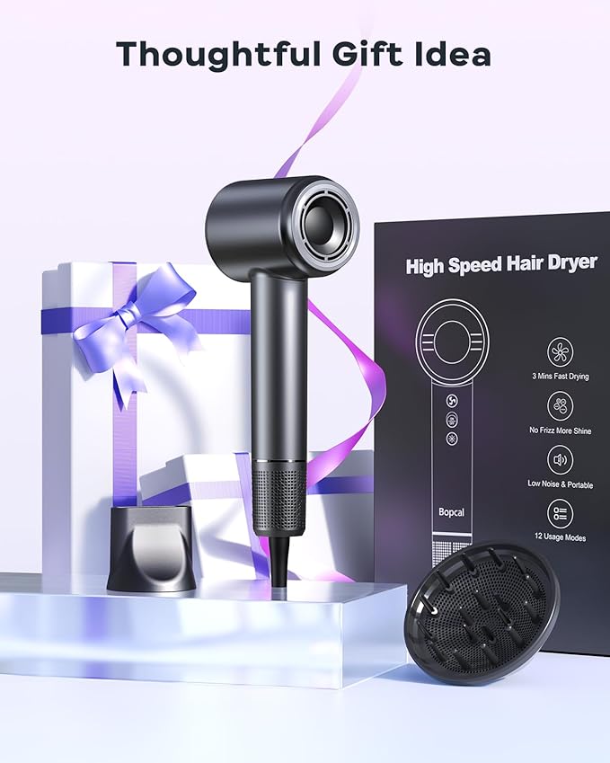 Bopcal Hair Dryer, Ionic Hair Dryer with Diffuser, 150,000 RPM Professional High-Speed Blow Dryer, 500M Negative Ions Fast Drying, Lightweight Low Noise for Curly & Straight Hair, Travel Friendly