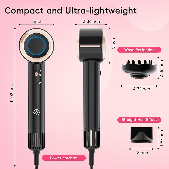 CINOSTAR Hair Dryer, Fast Drying Blow Dryer with Diffuser, with 110, 000RPM Brushless Motor&Ionic Technology No Heat Damage, Lightweight for Women and Travel, Low Noise, Black & Yellow Gold