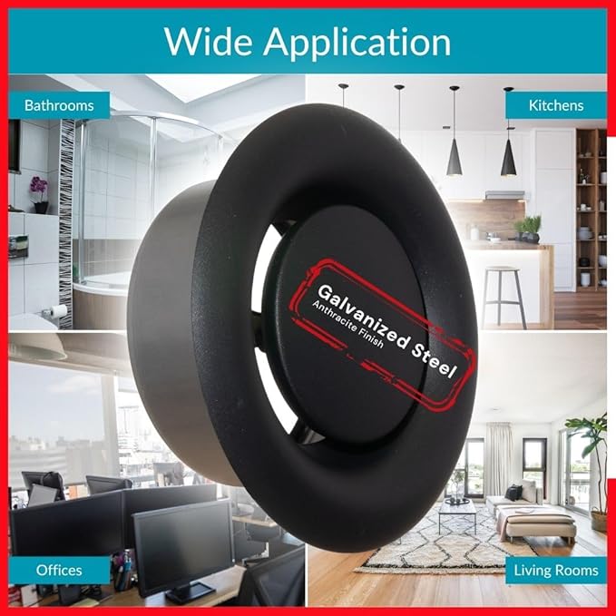 4 inch Black/Anthracite Metal Diffuser - Adjustable Vent for Wall - Ceiling Duct Cover - Exhaust Air Valve - Round Ventilation Covers for Bathroom Kitchen Garage