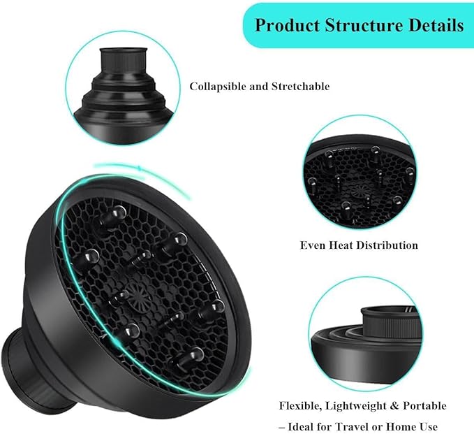 Collapsible Hair Dryer Diffuser Fit 1.57’’-1.96’’(4-5cm) Round Nozzle, Travel Hair Curly Difusor Attachment, Portable Silicone Diffuser for Hair Dryers, Salon Home Hair Blow Dryer Diffuser (Black)