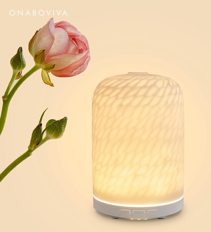 Onaboviva Essential Oil Diffuser - 2.4MHz Ultrasonic Ceramic Diffuser for Home, 120ml, Pulse&Continuous Mist, Bright/Dim/Breathing Lighting, Waterless Auto-Off, Aromatherapy Diffuser with USB Cable
