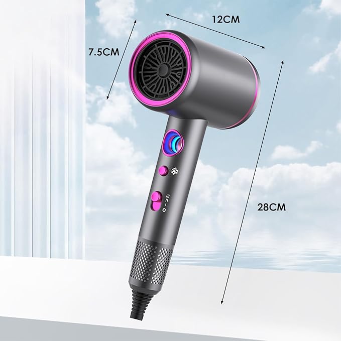 Hair Dryer, Professional Ionic Hair Dryer, Powerful 2200W Fast Drying Low Noise Blow Dryer with 2 Concentrator Nozzle 1 Diffuser Attachments for Women and Men (Gray)