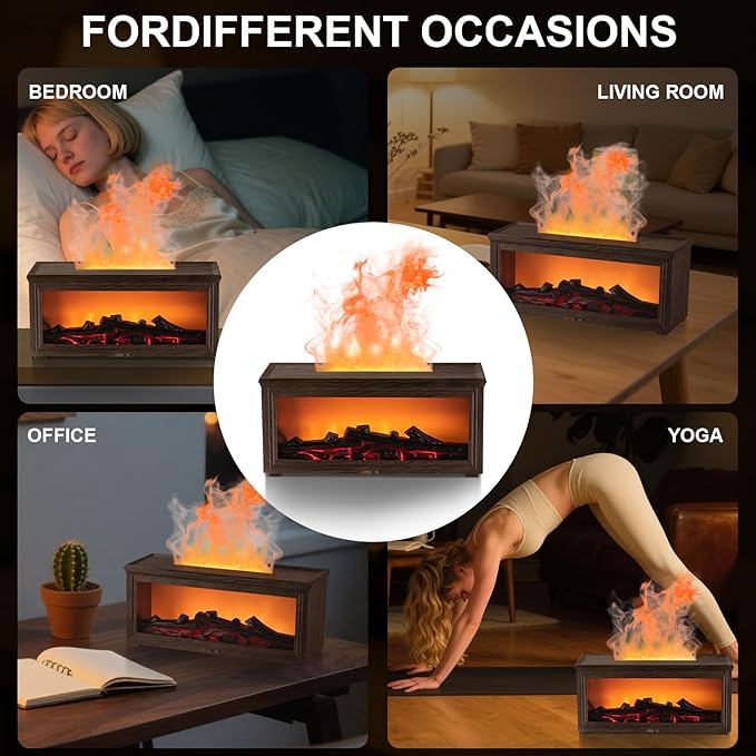 Fireplace Flame Essential Oil Diffuser Humidifier - Ultrasonic Aroma Diffuser with 7-Color Flame Effect, Remote Control & Auto-Off Timer for Bedroom, Home Office,Yoga(Dark Wood Grain)