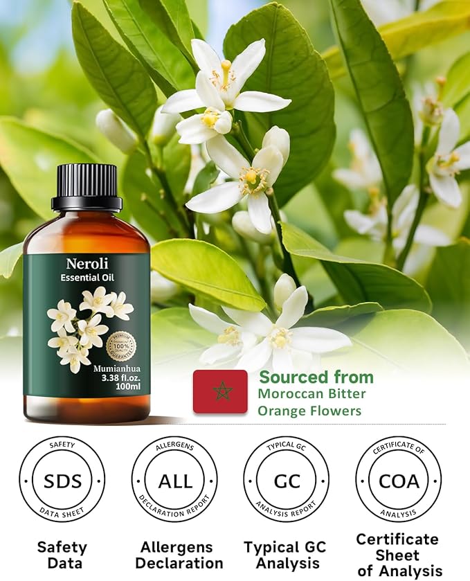 Neroli Essential Oil, Pure Orange Blossom Oil Mumianhua Neroli Oil for Diffusers, Room Spray, Fragrance, Perfume | Citrus Floral for Aromatherapy, Candle & Soap Making 3.38 Fl Oz