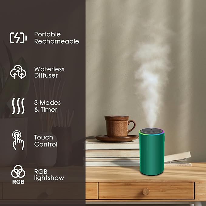 Waterless Essential Oil Diffuser, 7 Colors LED Light, Battery Powered Mini Scent Air Machine, Aromatherapy Mist Diffuser for Home Room Car Office,Black Aluminum Alloy (Black) (Green)