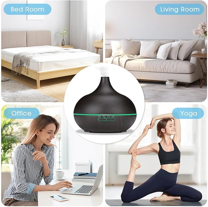 550ml ultrasonic Aromatherapy Essential Oil Diffuser with Remote Control, Dark Wood Grain, Including 6 Essential Oils, 4 Timer Settings, LED Light, Cold Mist humidifier