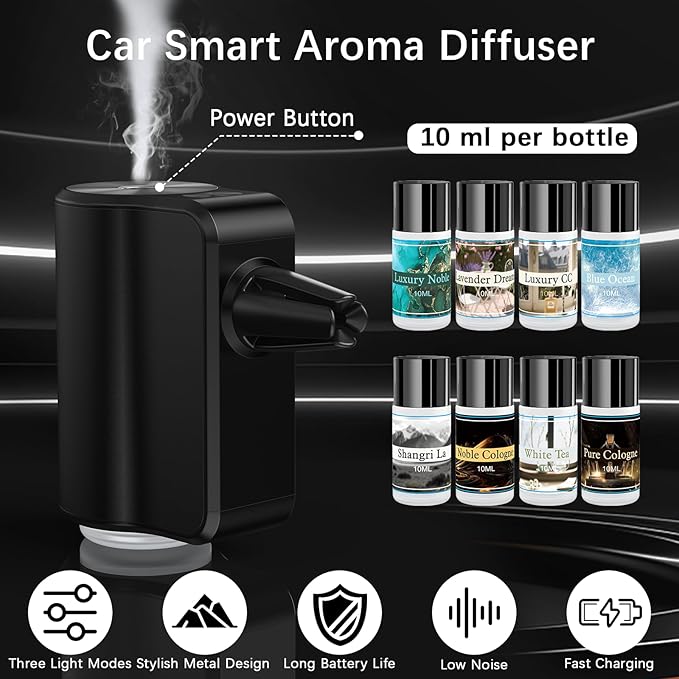 Smart Car Air Freshener, Car Air Freshener Diffuser with 3 Adjustable Modes, Rechargeable Aromatizante para Carro with 8pcs Essential Oil, Long-Lasting, Black