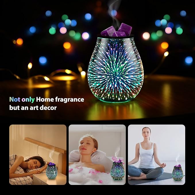 inrorans Glass Electric Wax Melt Warmer Oil Burner with Stable Heating PTC Reusable Silicone Tray 7 Colorful Changing Led Light Night Light Scent Warmer for Home Fragrance Warmers-Firework