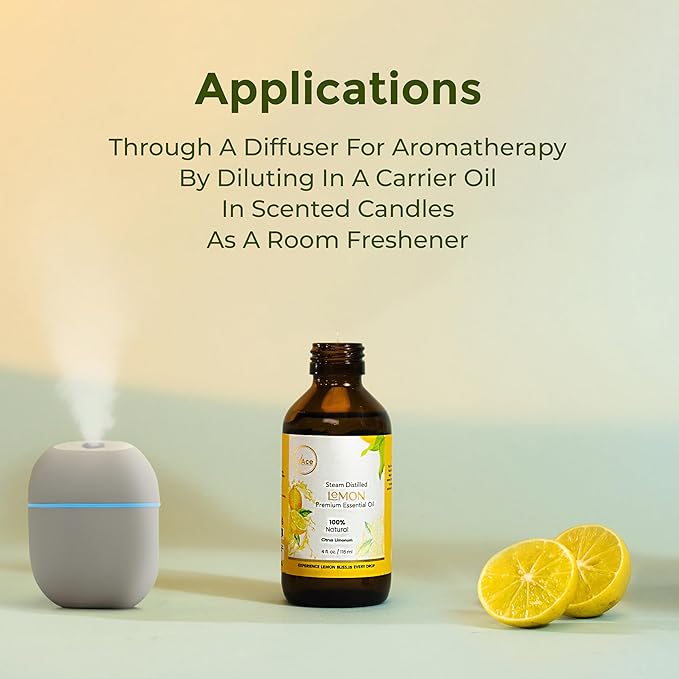 My Ace Lemon Essential Oil 4oz – 100% Pure & Natural, Premium Grade, Undiluted Citrus Limon Peel Oil for Diffuser, Aromatherapy, Skin & Hair Care, Amber Glass Bottle with Dropper