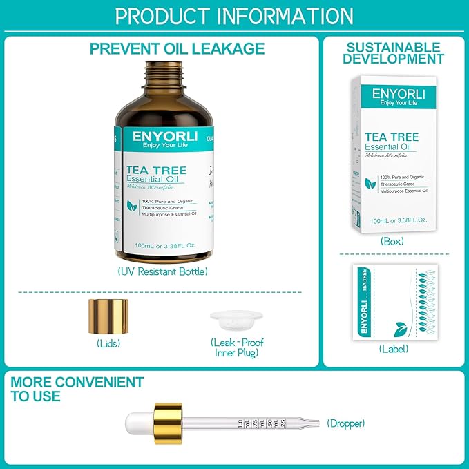 Tea Tree Essential Oil 3.38 fl oz (100ml), Natural Oil for Diffuser, Hair & Scalp Care, Skin Moisturizing, Nail Care & DIY Use, Daily Care for Women and Men