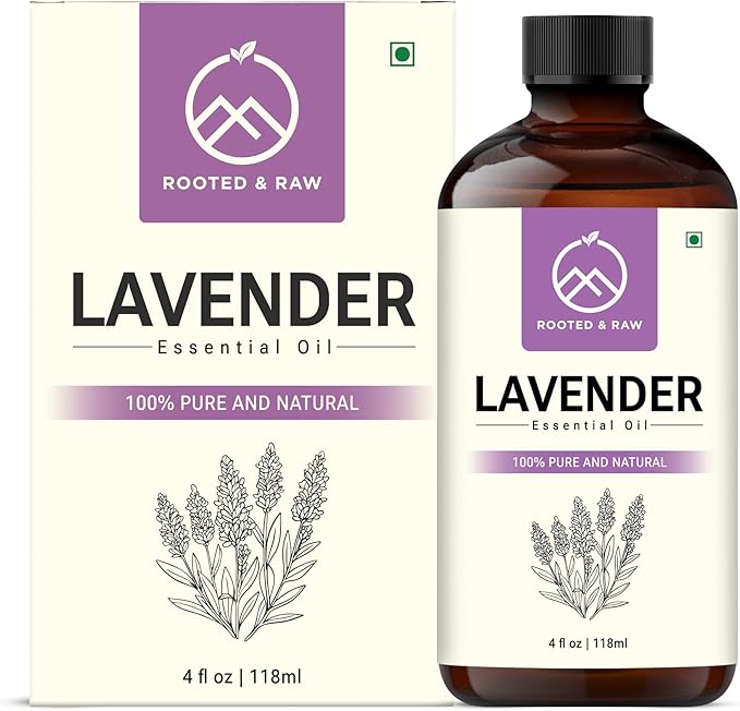 Lavender Essential Oil – 100% Pure Lavender Oil for Diffuser, Aromatherapy, Sleep, Skin & Hair – Large 4 fl oz with Glass Dropper – ROOTED & RAW