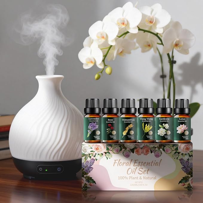 Floral Essential Oils Set Pure, Rose, Gardenia, Jasmine, Lavender, Osmanthus, Lily, Lotus, Ylang Ylang, Magnolia,Geranium, Freesia, Clove for Diffuser, Skin, Hair, Candle & Soap Making 12x10ml