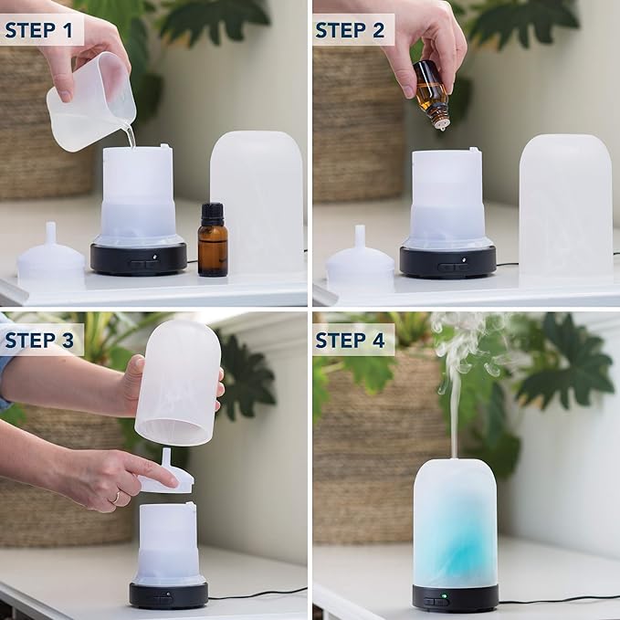 Airome Frosted Glass Medium Glass Essential Oil Diffuser|100 mL Humidifying Ultrasonic Aromatherapy Diffuser 8 Colorful LED Lights, Intermittent & Continual Mist, Auto Shut-Off, White