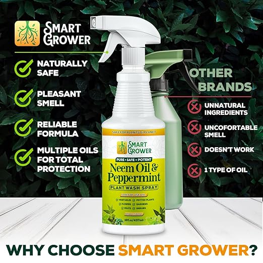 Neem Oil Spray for Plants with Peppermint Oil, Natural Plant Wash Made for Indoor and Outdoor Plants Smart Grower 16oz Easy Ready to Use Spray