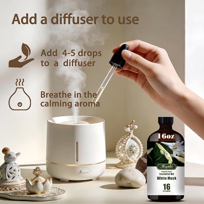 White Musk Essential Oil – MLYNKL White Musk Oils 16.33 fl oz for Diffusers, Humidifiers, Massage, DIY Candles, Soap, Cleaning, Home, Yoga, Office, Gifts - 490 ml