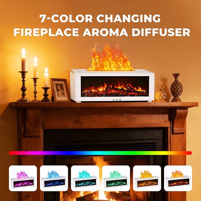 Fireplace Flame Essential Oil Diffuser, 7-Color LED Ultrasonic Aromatherapy Humidifier with Remote Control & Timer, 150ml Waterless Auto-Off Cool Mist Diffuser for Home Bedroom Office Yoga Black