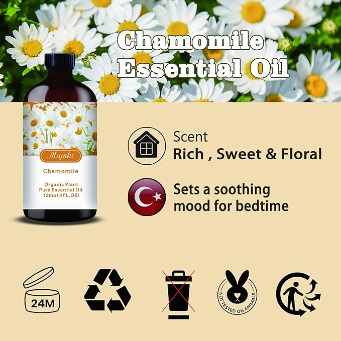 Chamomile Essential Oil – MLYNKL Chamomile Oils 4.33 fl oz for Diffusers, Humidifiers, Massage, DIY Candles, Soap, Cleaning, Home, Yoga, Office, Gifts - 130 ml