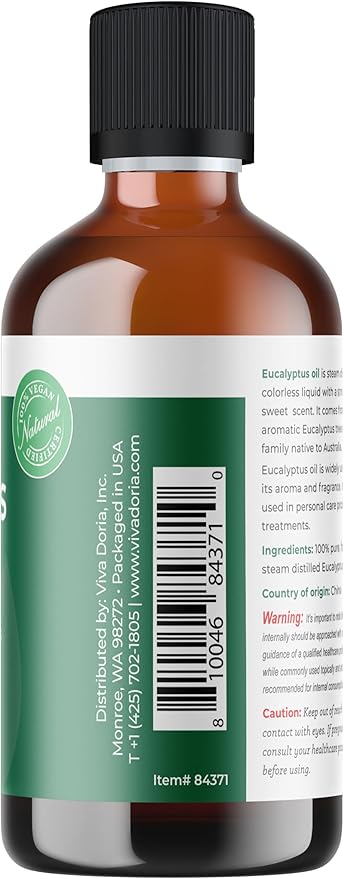Viva Doria Eucalyptus Essential Oil, Food Grade, 118 ml (4 Fl Oz) | 100% Pure & Natural Eucalyptus Globulus | Aromatherapy Oil for Diffuser, Steam, and Massage